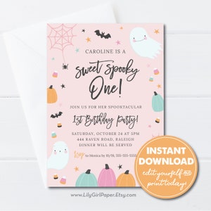 May include: Pink and white printable invitation for a first birthday party with a Halloween theme. The invitation features a ghost, pumpkins, bats, and candy corn. The text reads "Caroline is a Sweet Spooky One!" and "Join us for her Spooktacular 1st Birthday Party!"