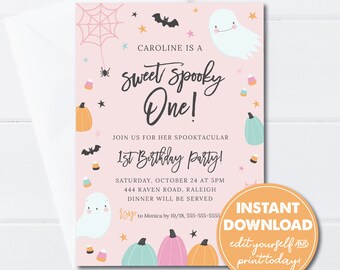 Süßes Gruseliges, Mädchen 1. Geburtstag Einladung, rosa Halloween Geburtstag, bearbeitbare Vorlage, SOFORTIGER DOWNLOAD, Druck / E-Mail! 0334