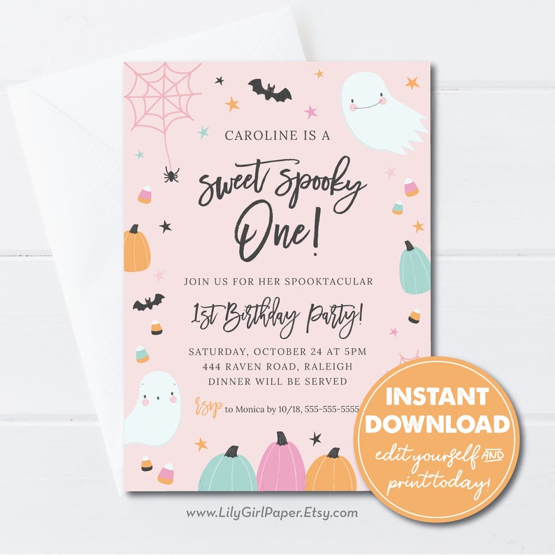 May include: Pink and white printable invitation for a first birthday party with a Halloween theme. The invitation features a ghost, pumpkins, bats, and candy corn. The text reads "Caroline is a Sweet Spooky One!" and "Join us for her Spooktacular 1st Birthday Party!"