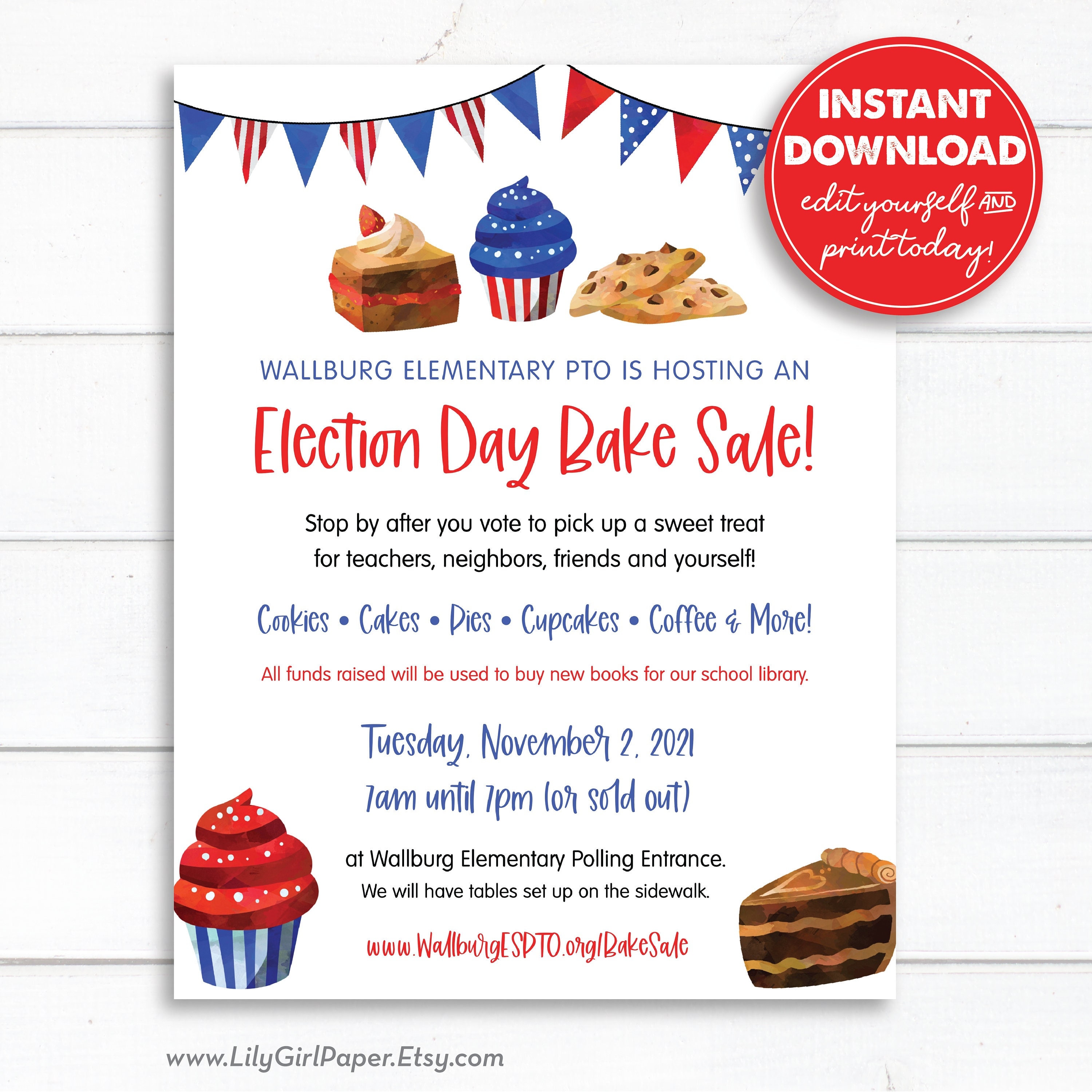 Editable Election Day Bake Sale Flyer Template,  8.5x11 PTA/PTO Flyer, Church Group, Youth Group, Announcement, All Text Editable, 0304
