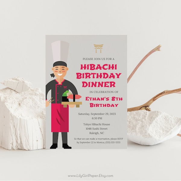 Editable Hibachi Birthday Dinner Party Invitation, INSTANT DOWNLOAD, Asian Themed Birthday, Asian Steakhouse Dinner Party, 0070