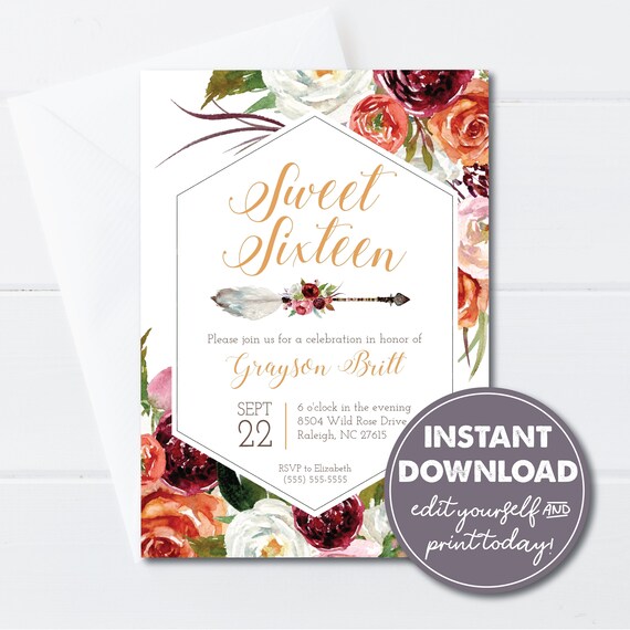 Editable Sweet 16 Birthday Party Invitation Template, Modern Invitation, INSTANT DOWNLOAD, Boho Chic Party, Edit and Print of Email, 0135 Il_570xn