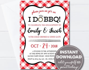 Editable I Do BBQ, Barbecue Engagement Party or Shower Invitation, Red & White Gingham, INSTANT DOWNLOAD, Edit, Download, Print Today! 0116