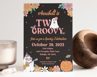 Two Groovy Ghosts Girl's 2nd Birthday Party Invitation, Retro Halloween, 1970s, Editable Template, INSTANT DOWNLOAD, Print/Email! 0360