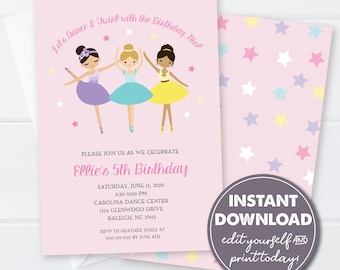 Editable Ballerina Birthday Party Invitation Template, INSTANT DOWNLOAD, Dance Birthday Party, Edit Download and Print Today, 0111