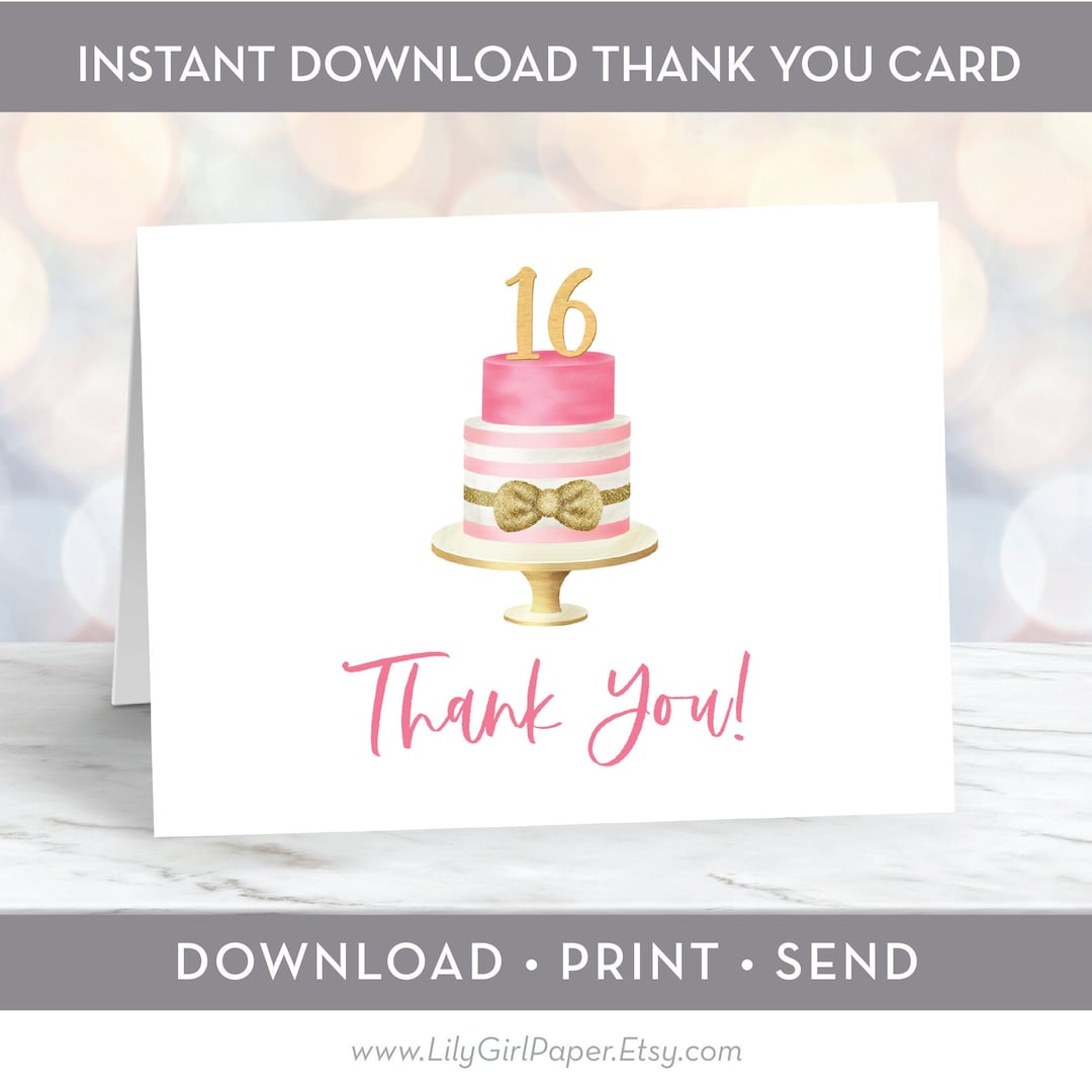 Printable Sweet 16 Birthday Thank You Card Pink and Gold Etsy