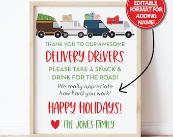 Editable Christmas Holiday Delivery Driver Snack & Drink Sign, Mail Carrier, Packages, Essential Worker, Thank You Sign, Printable PDF, 0288