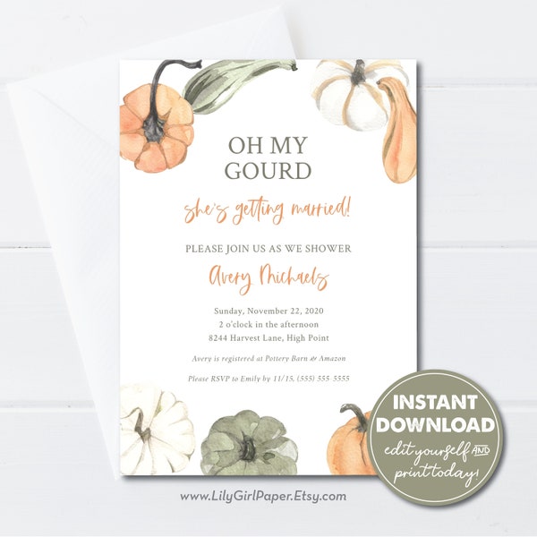 Editable Fall Bridal Shower Invitation, Oh My Gourd She's Getting Married, Pumpkins, INSTANT DOWNLOAD! Print or Paperless Post, 0256