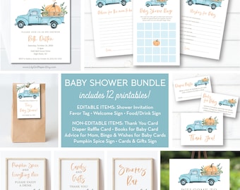 Baby Shower Bundle, Invitation, Signs, Games, Tag, Card, Vintage Truck and Pumpkin Suite, Editable and Non-Editable files included! 0214