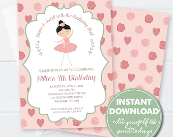 Editable Ballerina Birthday Party Invitation Template, INSTANT DOWNLOAD, Ballet Invitation, Dance Party Invitation, Girls Birthday, 0131