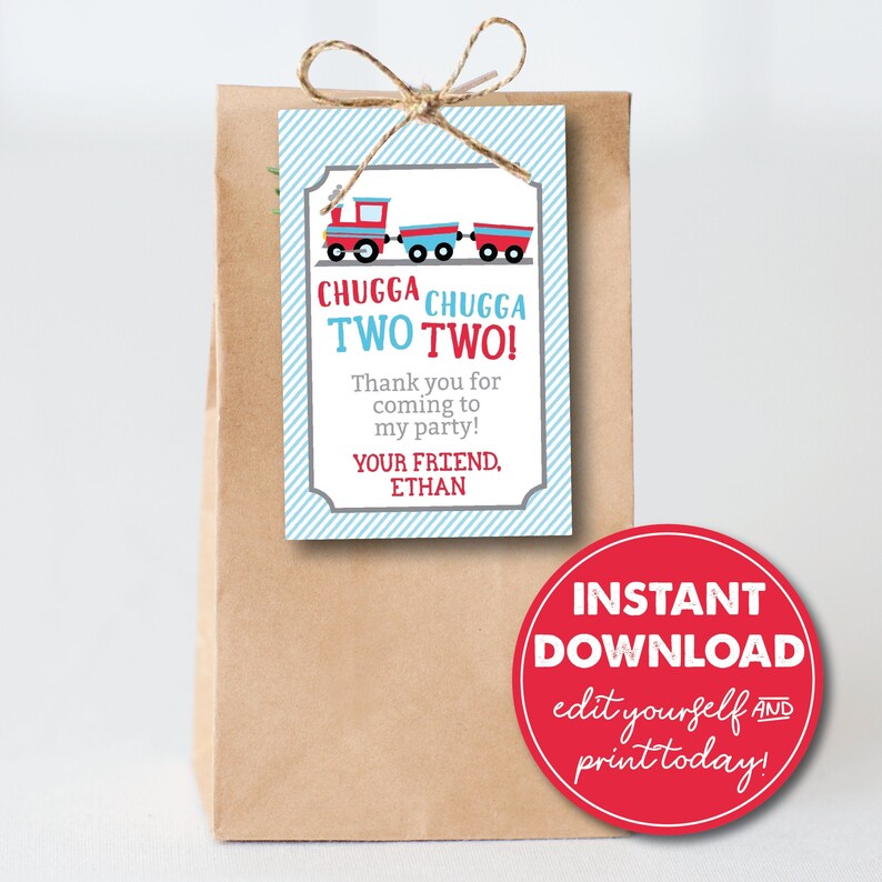 Editable Chugga Chugga Two Two Train Party Favor Tags, INSTANT DOWNLOAD! Printable Party Favor, Goodie Bag, 0144 image 1