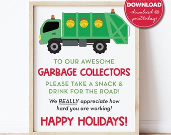 Garbage, Trash Collector Thank You Snack & Drink Sign, Happy Holidays, Christmas Gift, Holiday Thank You Sign, Instant Download 0288