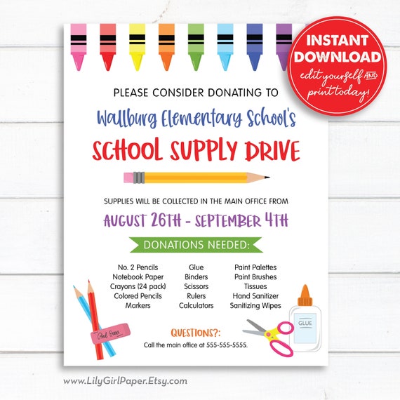 Editable School Supply Drive Flyer Template Back To School 8 5x11 PTA 
