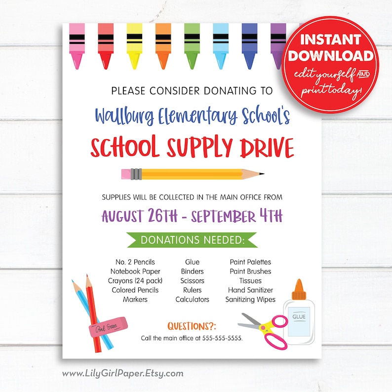 Editable School Supply Drive Flyer Template, Back to School, 8.5x11 PTA/PTO Flyer, Customizable, Instant Download, All Text Editable image 1