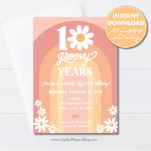 May include: A pink and orange birthday invitation with a rainbow design and a daisy. The text reads "1 groovy years" and "Join us to celebrate Lily's 10th birthday!"  Saturday, October 16, 2021 at 3pm. 900 Big Bend Court, Wake Forest, NC 27587. RSVP to Jessica by October 9th via text 919-696-2042. www.LilyGirlPaper.Etsy.com