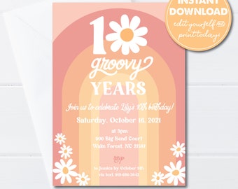 May include: A pink and orange birthday invitation with a rainbow design and a daisy. The text reads "1 groovy years" and "Join us to celebrate Lily's 10th birthday!" Saturday, October 16, 2021 at 3pm. 900 Big Bend Court, Wake Forest, NC 27587. RSVP to Jessica by 9th October via text 919-696-2042. www.LilyGirlPaper.Etsy.com