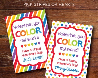 Valentine's Cards, Color Your World Class Valentines, Digital File, Pick from 2 Designs