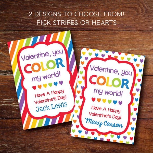 Valentine's Cards, Color Your World Class Valentines, Digital File, Pick from 2 Designs