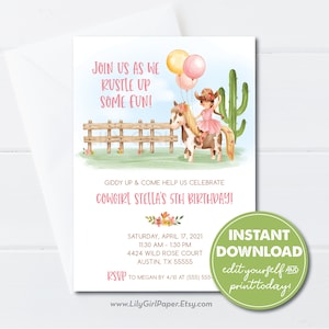 Editable Cowgirl & Horse Birthday Party Invitation Template, Little Girl Party, Farm, INSTANT DOWNLOAD, Print or Email Your Invitation, 0279