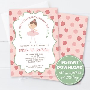 Editable Ballerina Birthday Party Invitation, INSTANT DOWNLOAD, Ballet Invitation, Dance Party Invitation, Edit, Girls Birthday, 0131