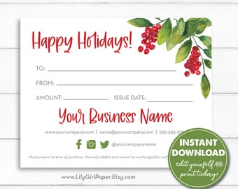 Editable Holiday Christmas Gift Certificate Template, Instant Download, Digital, Printable Gift Voucher, Business Gift Card, DIY, 0600