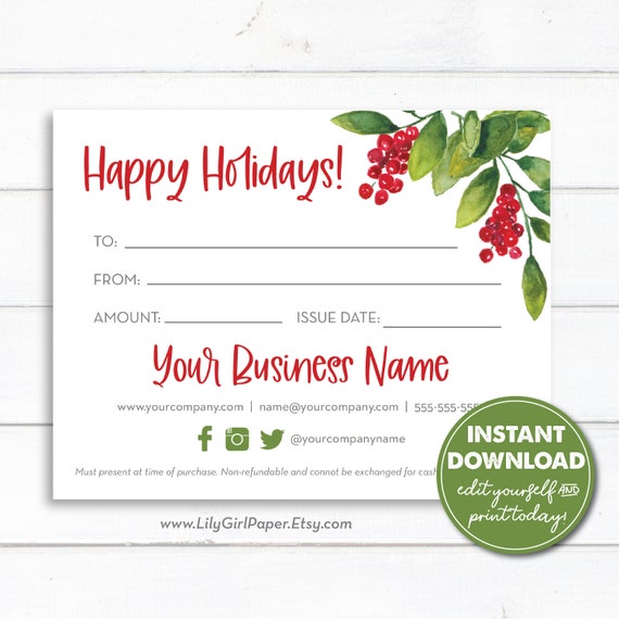 Editable Happy Holidays Business Gift Certificate Template, Instant Download, Printable Gift Voucher, Business Gift Card, DIY, 0600 Il_570xn