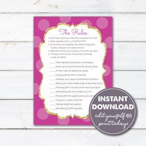 May include: Pink printable game card with gold glitter polka dots and text that reads "The Rules". The rules are listed with a checklist of items to find and photograph. The card also includes the text "INSTANT DOWNLOAD edit yourself AND print today!"