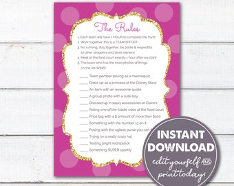 Editable Scavenger Hunt Mall Party, Tween Teen Birthday, 10th, 11th, 12th, 13th, 14th, 15th Birthday Party, Magenta & Gold, Printable, 0102