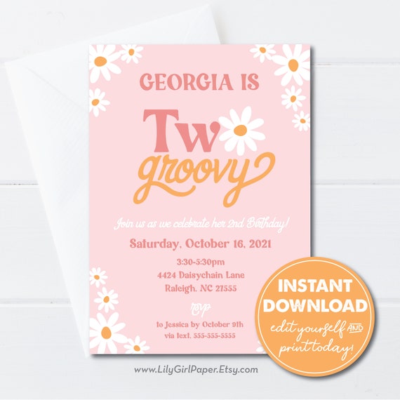 Editable Two Groovy 2nd Birthday Party Invitation, 70s theme, Daisies, Rainbow, INSTANT DOWNLOAD, Edit, Download, Print/Email! 0306 Il_570xn