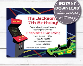 Editable Arcade Birthday Party Invitation, Instant Download, Laser Tag, Arcade Games, Go-Karts, Printable, 0153