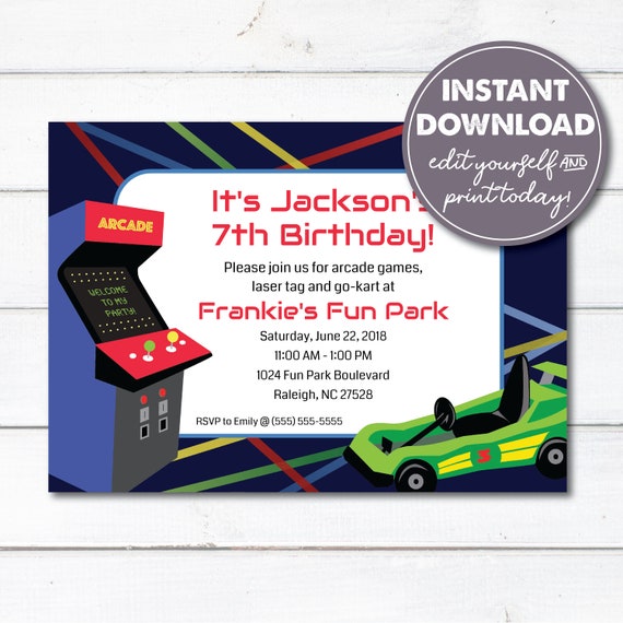 Editable Arcade Birthday Party Invitation, Instant Download, Laser Tag, Arcade Games, Go-Karts, Printable, 0153 Il_570xn
