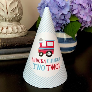 Printable Train Birthday Party Hat, Instant Download, Digital File, Chugga Chugga Two Two Train Party, DIY party hat, Cone Party Hat, 0144 image 1