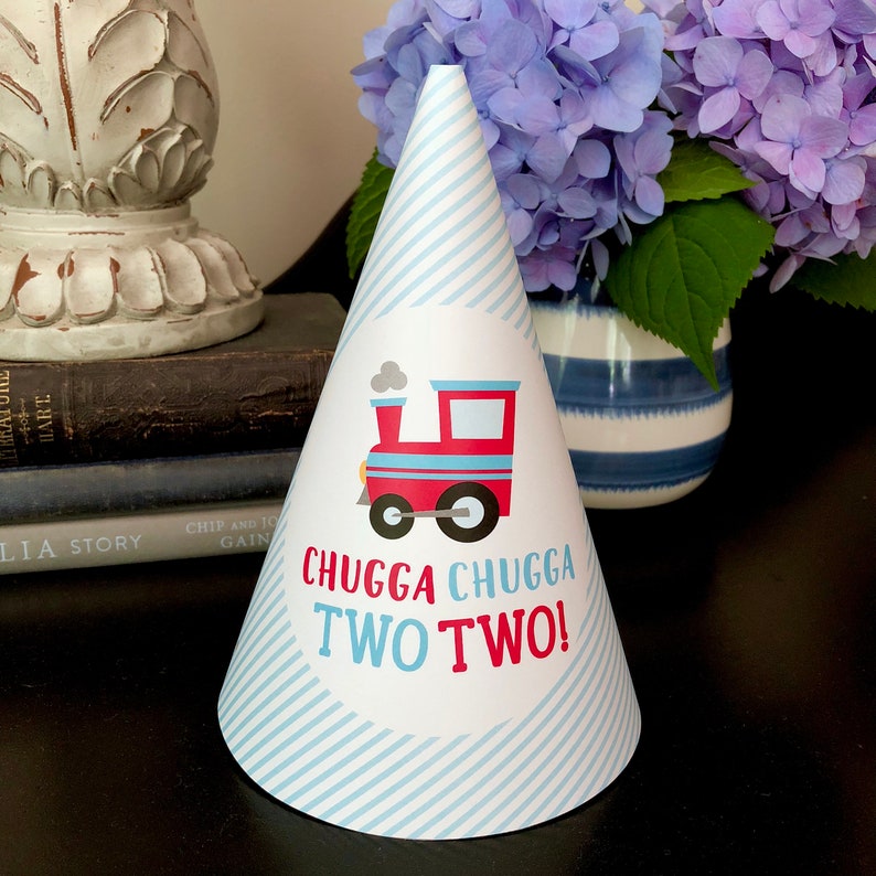 Printable Train Birthday Party Hat, Instant Download, Digital File, Chugga Chugga Two Two Train Party, DIY party hat, Cone Party Hat, 0144 image 1