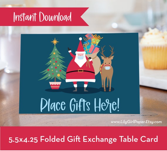 Christmas Gift Exchange Gift Table Folded Tent, Santa with Mask, Social Distance Party, INSTANT DOWNLOAD! Printable, 0237 Il_570xn