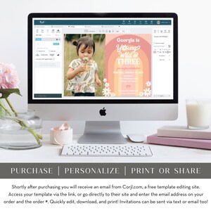 May include: A digital invitation template for a birthday party. The template features a rainbow with a pink and orange gradient, a daisy pattern, and the text "Georgia is Young Wild & Three". The invitation also includes the date and time of the party, as well as the location.