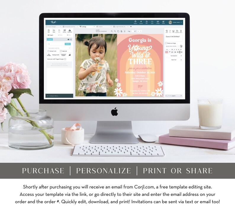May include: A digital invitation template for a birthday party. The template features a rainbow with a pink and orange gradient, a daisy pattern, and the text "Georgia is Young Wild & Three". The invitation also includes the date and time of the party, as well as the location.
