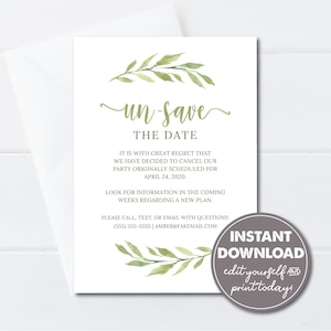 Editable Un-Save The Date Card Template, Cancellation Notice, INSTANT DOWNLOAD, Edit, Download and Email or Print Today!