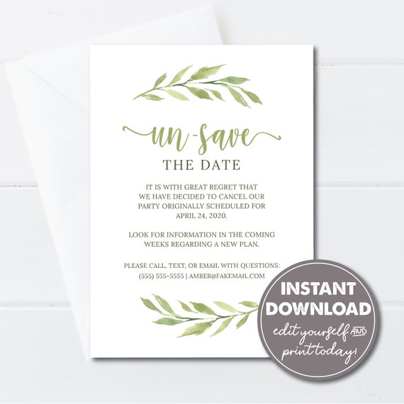 Editable Un-Save The Date Card Template, Cancellation Notice, INSTANT DOWNLOAD, Edit, Download and Email or Print Today! Il_570xn