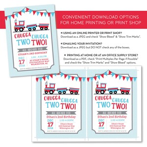May include: A blue and red train themed invitation for a child's second birthday party. The invitation says "Chugga Chugga Two Two!" and includes the date, time, and location of the party. RSVP information is also included.