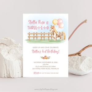 Three-i-e-i-o 3rd Birthday Party Invitation Template, Editable, Girl's Farm Party, INSTANT DOWNLOAD, Print or Email Your Invitation, 0344