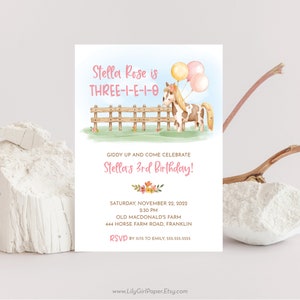 Three-i-e-i-o 3rd Birthday Party Invitation Template, Editable, Girl's Farm Party, INSTANT DOWNLOAD, Print or Email Your Invitation, 0344 image 1