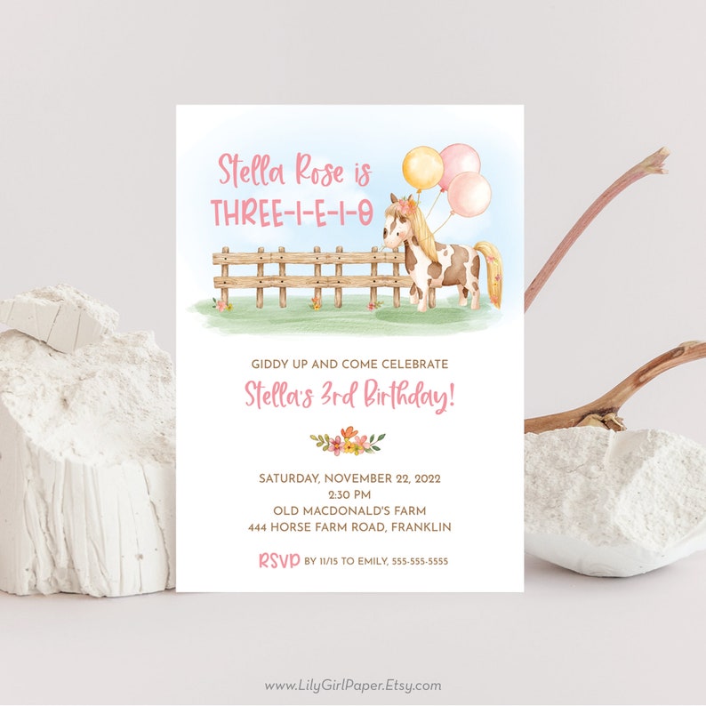 Three-i-e-i-o 3rd Birthday Party Invitation Template, Editable, Girl's Farm Party, INSTANT DOWNLOAD, Print or Email Your Invitation, 0344 image 1