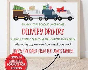 Editable Holiday, Christmas Delivery Driver Snack & Drink Sign, Mail Carrier, Packages, Essential Worker, Thank You Sign Printable PDF, 0288