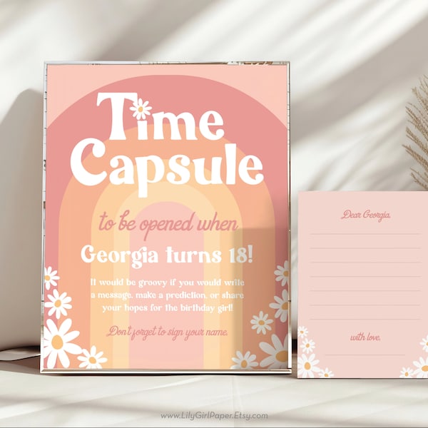 Editable 1st Birthday Time Capsule Sign and Card Templates, Groovy Birthday Party, 8x10 & 16x20" Sign, 5x7" Card, One Groovy Girl 0888