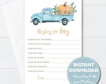 INSTANT DOWNLOAD Wishes for Baby Cards, Shower Game, Little Pumpkin Fall Baby Shower, Vintage Truck, Printable, PDF File, 0214