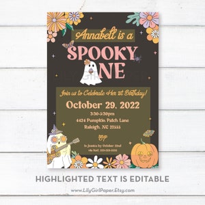 K&ouml;nnte beinhalten: Eine druckbare Halloween-Einladung zum ersten Geburtstag mit einem Geist, der einen Cupcake h&auml;lt, und dem Text "Annabell is a Spooky One" in Rosa und Schwarz. Die Einladung enth&auml;lt das Datum "October 29, 2022", die Uhrzeit "3:30-5:30pm", die Adresse "4424 Pumpkin Patch Lane, Raleigh, NC 21555" und RSVP-Informationen. Der Hintergrund ist dunkelbraun mit bunten Blumen und Sternen.