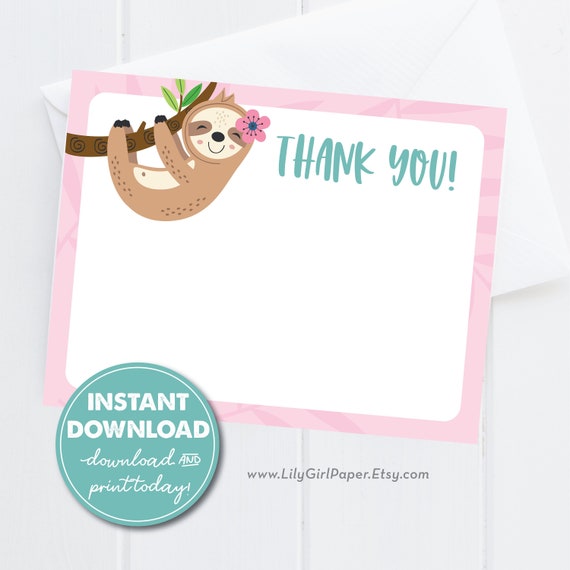 Cute Sloth Thank You Card, Stationery, Little Girl Birthday Party, INSTANT DOWNLOAD, Printable File, Digital Thank You Card, DIY, 0277 Il_570xn