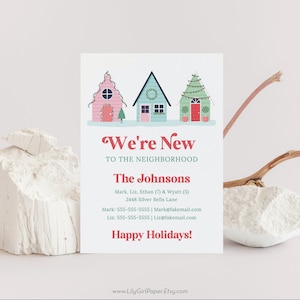 Cartes modifiables de Noël, hiver, nous sommes nouveaux dans le quartier, modèle modifiable, téléchargement immédiat, faire-part de vacances pour les nouveaux voisins