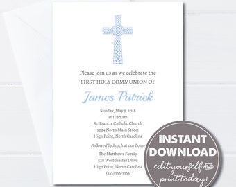 Editable Catholic First Communion Invitation, Boy's 1st Communion Celebration, INSTANT DOWNLOAD, Easily Edit, Download and Print Today! 0114