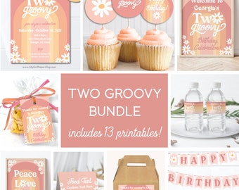 Two Groovy Birthday Invitation Bundle, Groovy 2nd Birthday Party Pack, 8 Editable Files and 5 Ready Made Downloads, Groovy Party Decorations